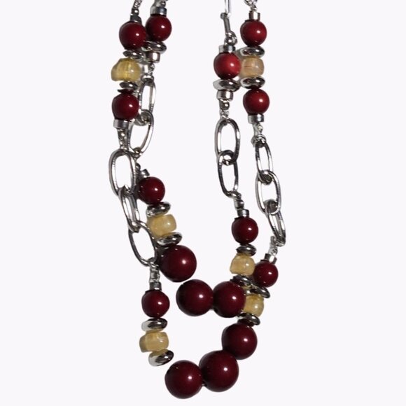 Boho Red Yellow Beaded Silver Tone Double Strand Chain Link Necklace Jewelry - Picture 1 of 7